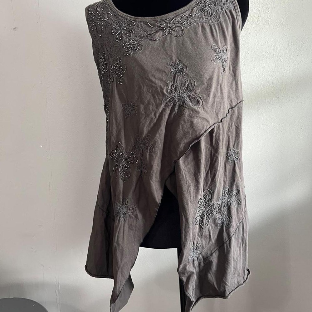 Grey embroidered ruffle tank top